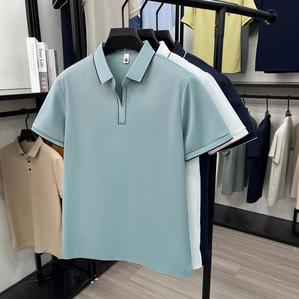 [Ice Sensitive Quick Drying Bead Ground] Summer High Elasticity Wrinkle Resistant Men's Buttonless V-neck Polo Shirt