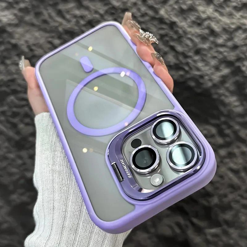 Luxury Magnetic Shockproof Case For iPhone 16 15 14 Plus 13 12 11 Pro Max For Magsafe Funda Stand Glass Lens Protecte Back Cover