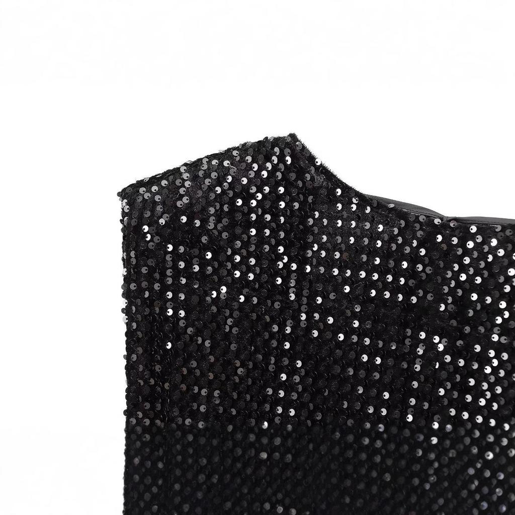 2024 Winter Black Sleeveless Mini Dress with Shoulder Pads and Sequin Embellishments