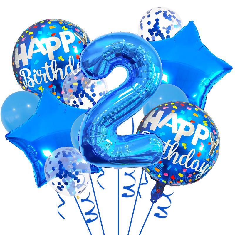 32-Inch Blue Digital Aluminum Film Balloon Set, First Birthday Party Decoration Atmosphere Arrangement