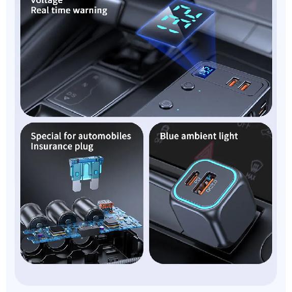 226W Car Charger Fast Charging Cigarette Lighter Split Adapter PD QC3.0 USB Voltage Display Front Rear Charge 12V 24V Truck SUV