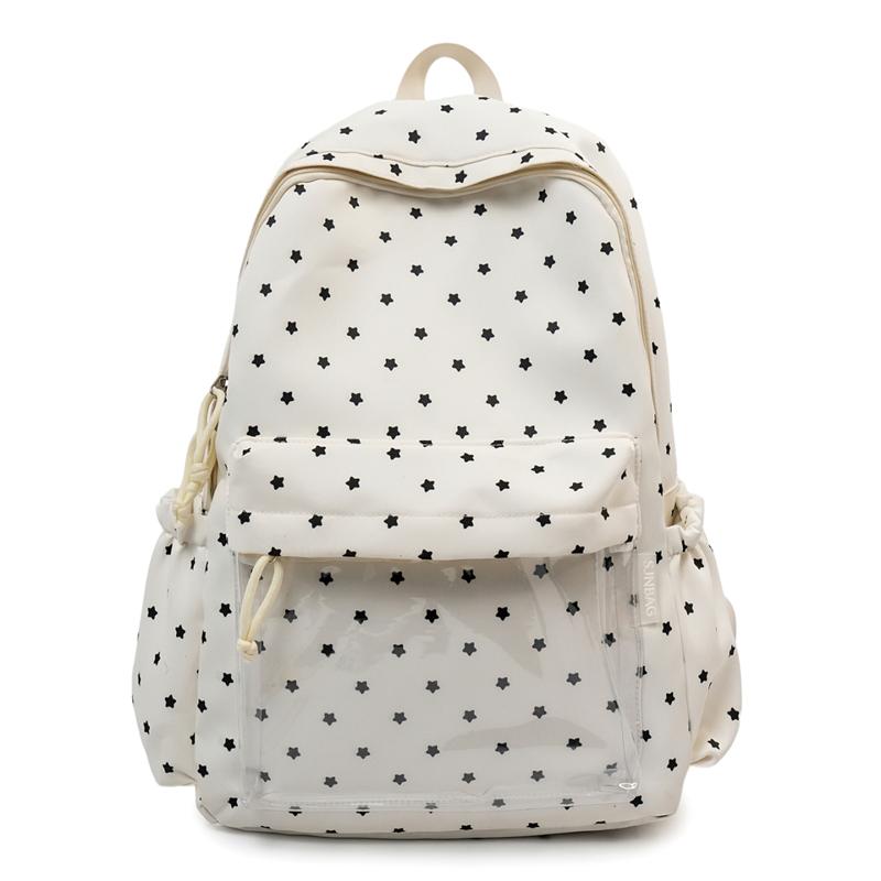 Cute Star Print Backpack for Women & Girls – Transparent Front Pocket, Lightweight Design – Perfect for School, Travel & Daily Use