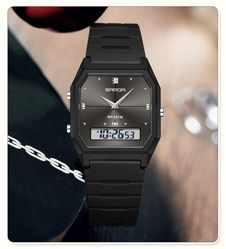 Sanda TEMU Men's Sports Watch: Hot-Selling, Waterproof, Luminous, Thin Square Design, Dual Display, Three Time Zones.