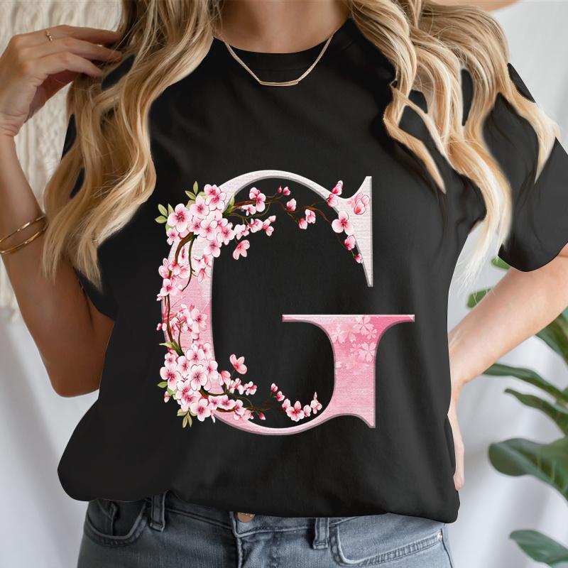 Y2k Cherry Blossom Letter Az Tshirts Unisex Pink Floral Aesthetic Alphabet Tees Short Sleeve Boho Chic Tops Mama Gifts Tshirts