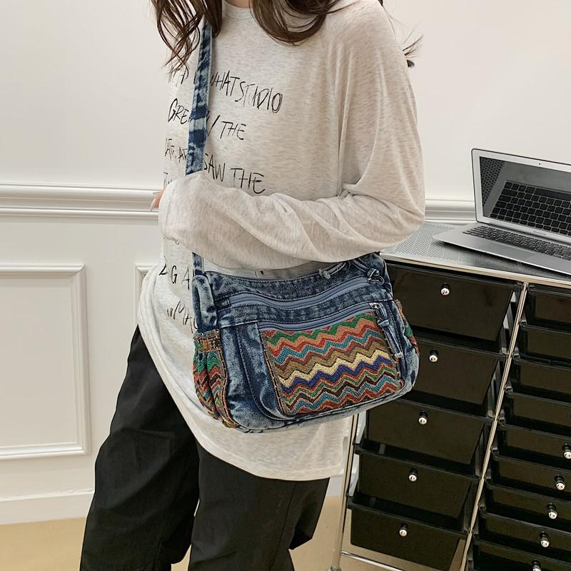 Vintage Denim Embroidered Tote Bag Women's Large Capacity Shoulder Handbag