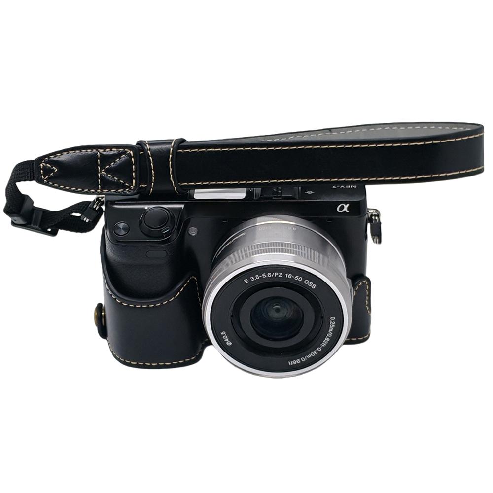 For Sony NEX-7/NEX-6 PU Leather Camera Case Battery Opening Design Half Body Cover with Hand Strap