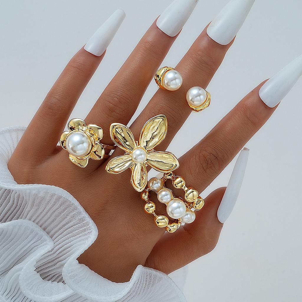 Explosive Pearl Flower Ring Set, Gold Fashion Ins Style Niche Design Sense, Light Luxury Jewelry Set