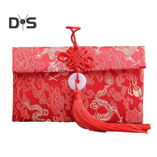 

Красный конверт из искусственного шелка для китайской свадьбы, красный карманный конверт для счастливых денег Hongbao Card с китайским узлом для Нового года, весеннего фестиваля, свадьбы F