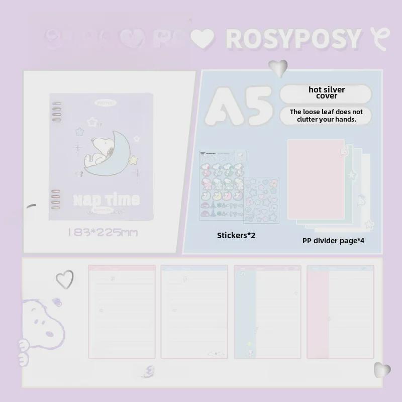 RosyPosy Snoopy Softcover Notebook: Cream Loose-Leaf with Colorful Pages, Stickers, and Horizontal Lines.