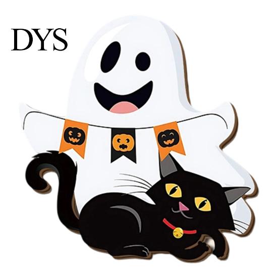 Decorative Hanging Ghost for Fireplace Cute White Wooden Door Hanger Sign with Black Cat BOO Spooky Ornament Banner, Waterproof Halloween Front Plaque