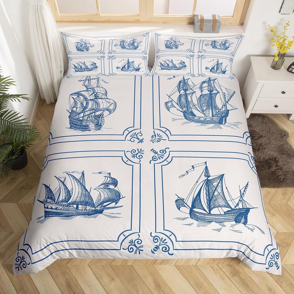 Ocean Coastal Bedding Duvet Cover Set Queen Size  Set Conch Seahorse Starfish Coral 3 Pcs For Kids Girls Boys Woman Room Decor