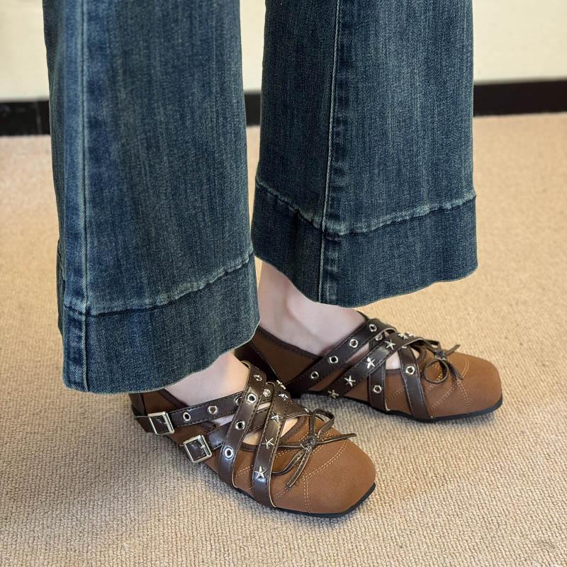 Fashion Vintage Bow Cross Strap Mary Jane Shoes Women Spring Summer New Shallow Rivet Ballet Soft Sole Flat Single Shoes