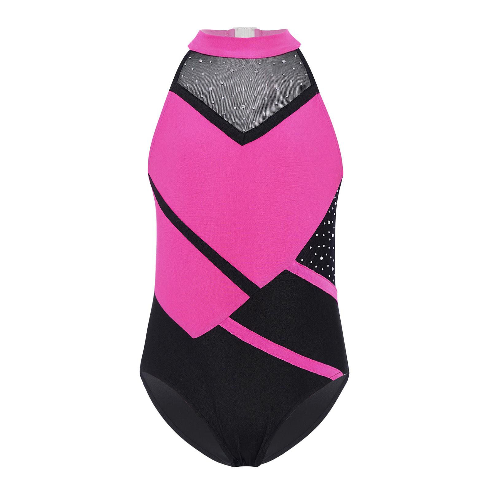 

Дівчачий гімнастичний купальник з дизайном спини на бретелях, кольоровим блокуванням, блискучими стразами, костюм для виступів, танців 5-6 Years гарячі рожевого кольору