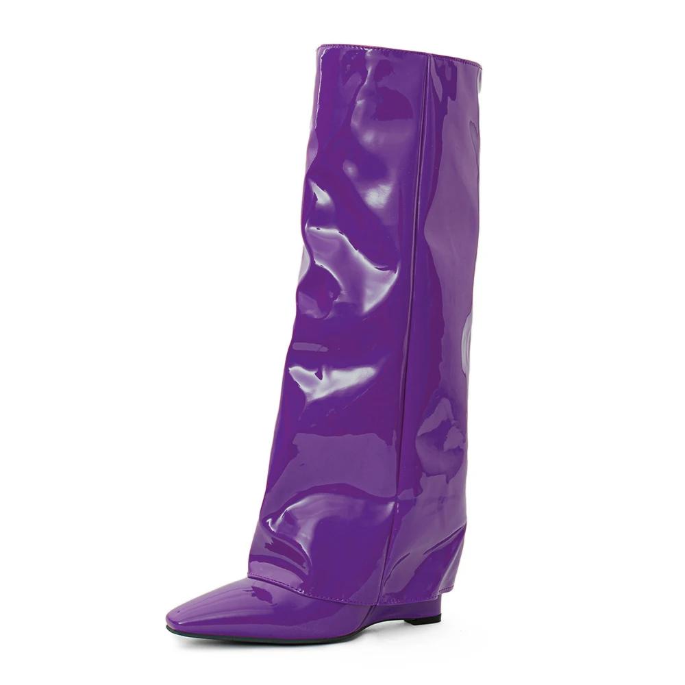 Fashion Pointed Toe High Heels Women Knee High Boots Brand Designer Soft Patent Leather Side Zip Wedges Winter Fashion 2025