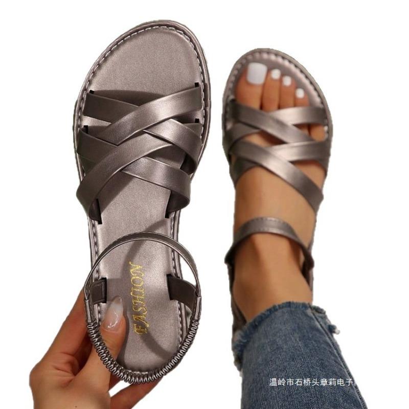 New Large-sized Flat Sandals for Women, Elastic Cross-band Beach Shoes for Women