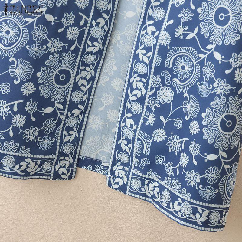 ZANZEA Women Retro Print Casual Round Neck Short Sleeve Open Front Cardigan Tops