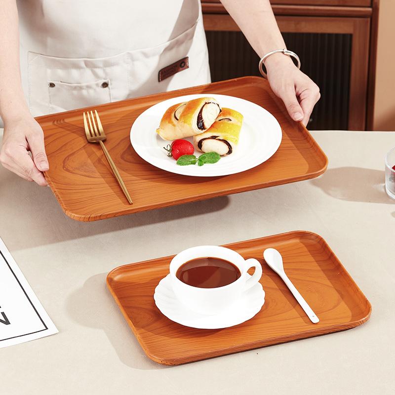 PP Plastic Tray Coffee Food Cup Trays Decorative Wood Grain Rectangular for Storage Dish Dessert Candy Tea Kitchen Supplies