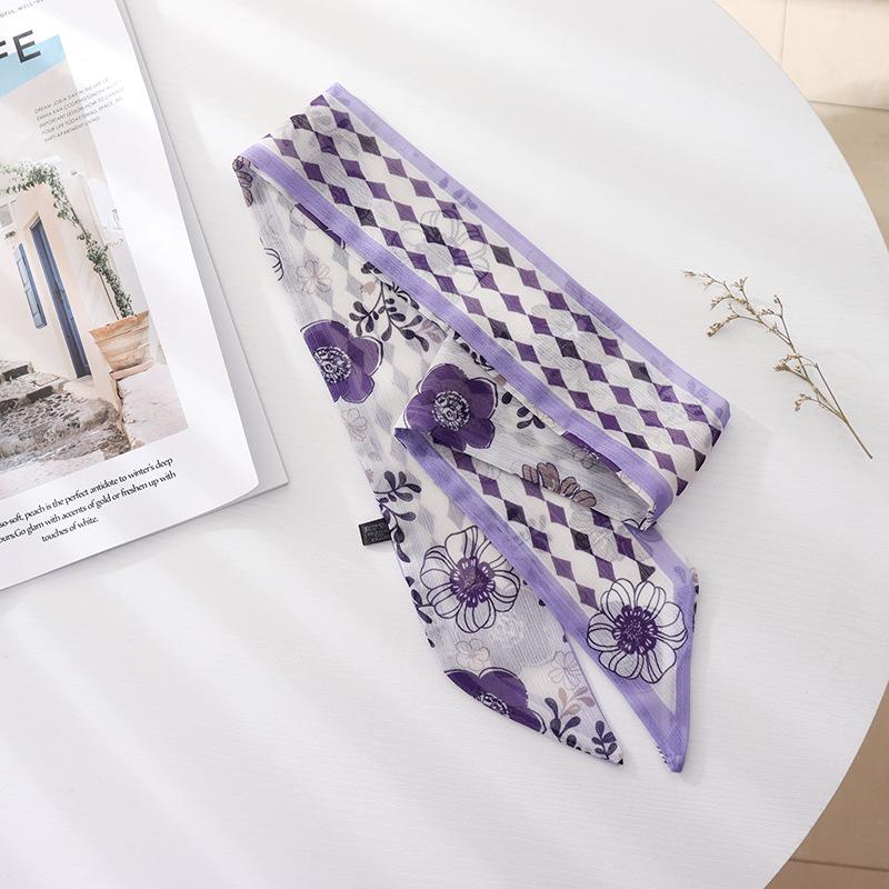 

New Style Summer French Retro Purple Tied Hair Small Floral Long Silk Scarf Headband Braided Hair Chiffon Thin Ribbon Scarf 100cmX6cm