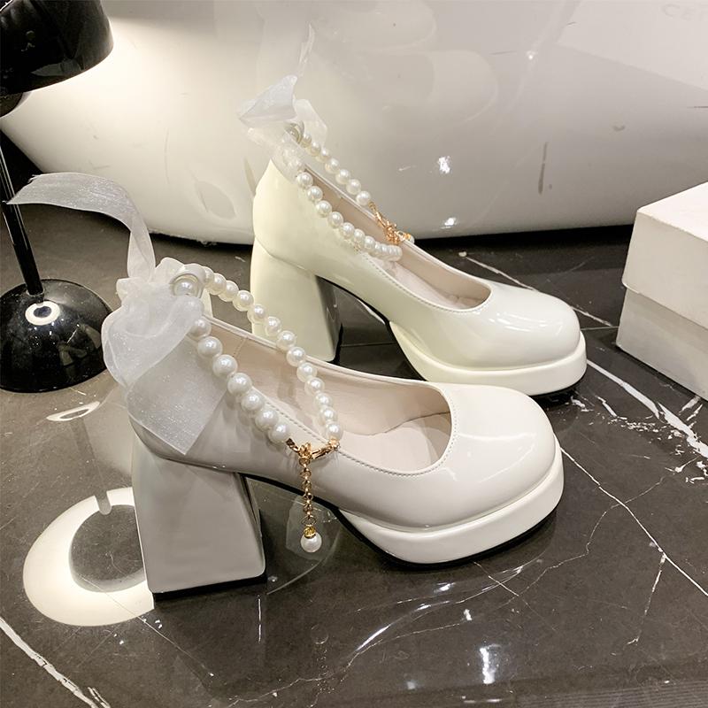 Fashion High-heeled Non-slip Women's New Fashionable and Versatile Foreign-style Pearl Mary Jane Shoes in Spring 2025
