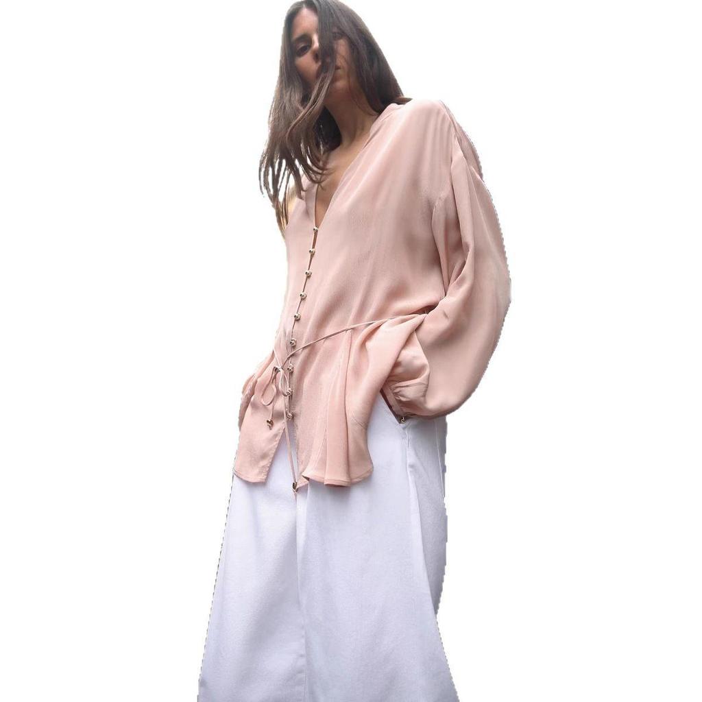 2025 Spring European & American Style Women's Long-Sleeve Belted Shirt - Versatile & Stylish