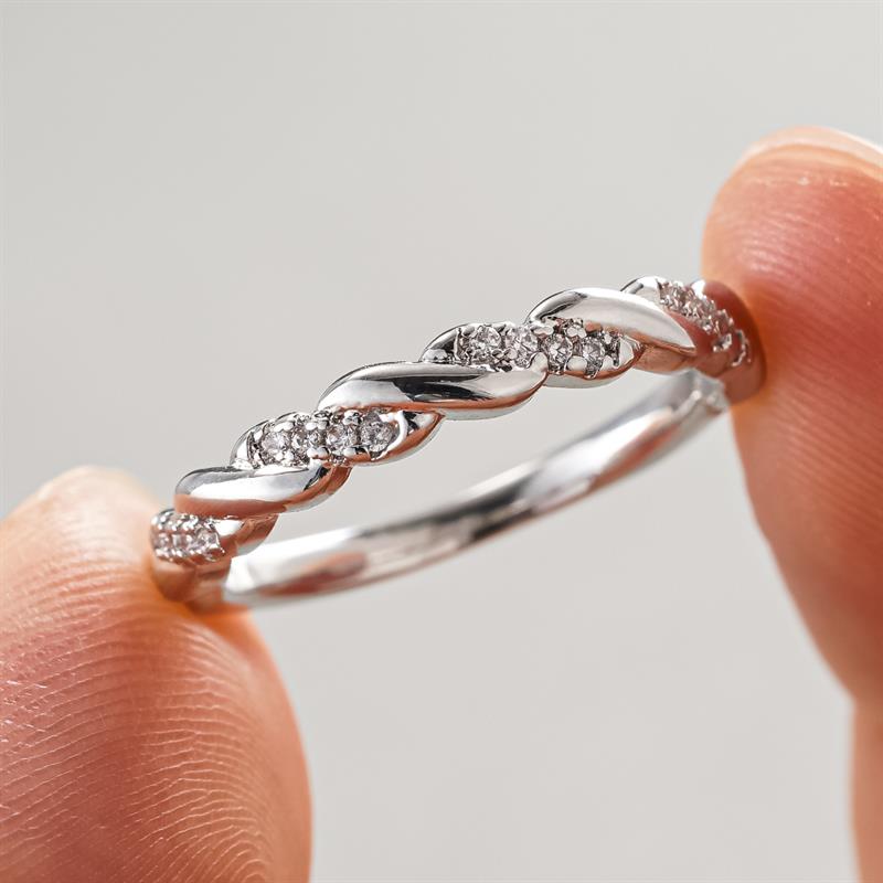 Huitan Thin Band Minialist Silver Color Ring for Women Twisty Design Inlaid Bright CZ Daily Versatile Finger Stackable Jewelry