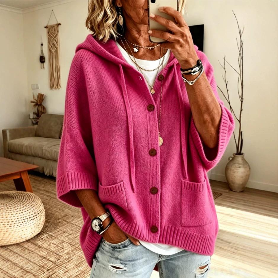 2026 European and American button-knitted hooded sweater cardigan jacket autumn and winter new solid color casual fashion women's clothing