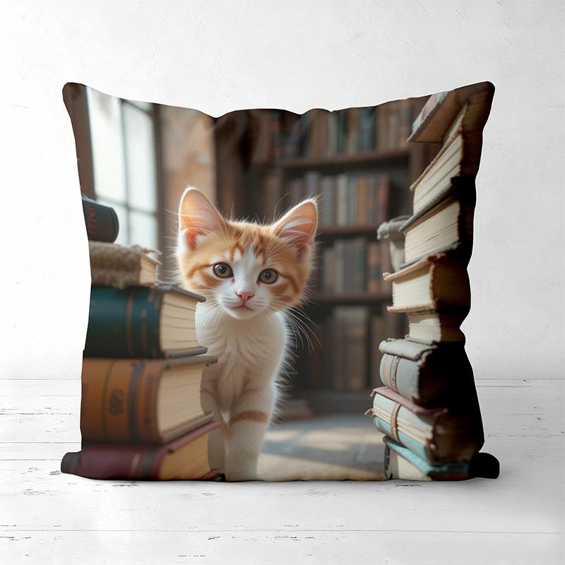Cute Kitten Print Pillows With Books Pattern Polyester pillowcase, sofa decorative cushion cov Headboard Pillow