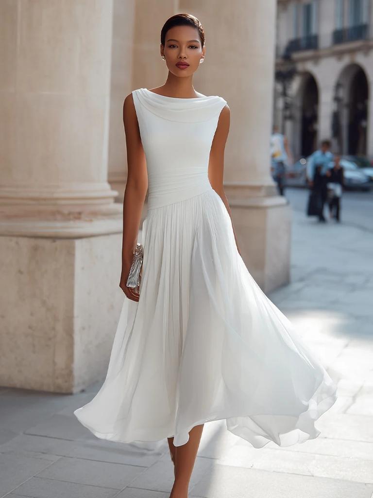 Maxi Abito da Donna Senza Maniche Scollo a Cascata Vita Media Elegante Monocolore Chiffon Pieghettato Abito da Sera per Festa Vacanza Primaverile