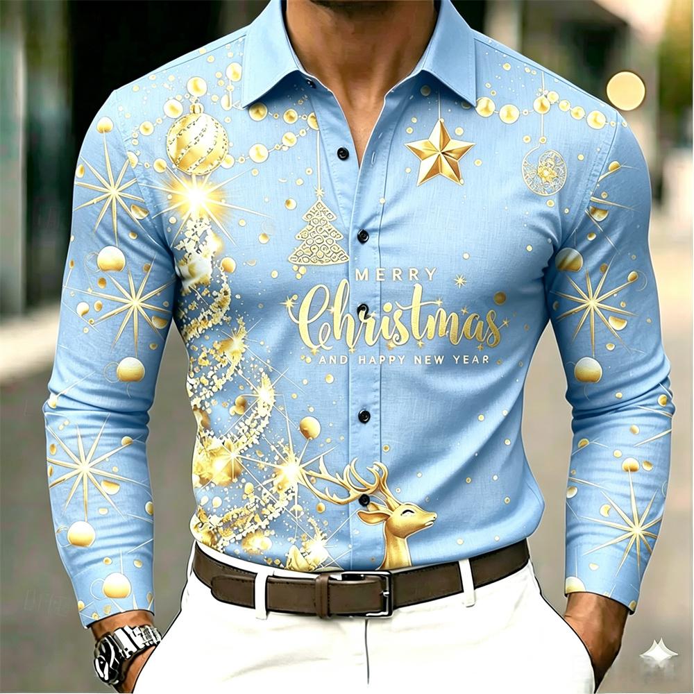 Christmas Men's Elk Christmas Tree Collar Long Sleeve Casual Outdoor Day Wear Festival Wear Button Spring and Autumn Winter Clo