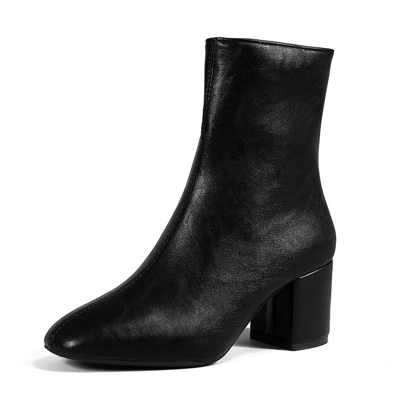 Short boots women's autumn new high heel thick heel small square head side zipper leather boots boos medium tube