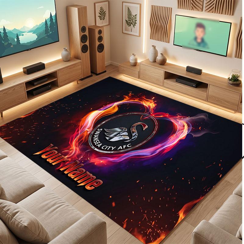 Swansea City FC Custom Crystal Velvet Rug, Personalized Name Text Print, Football Logo Soft Non‑Slip Floor Mat Home Decor Gift