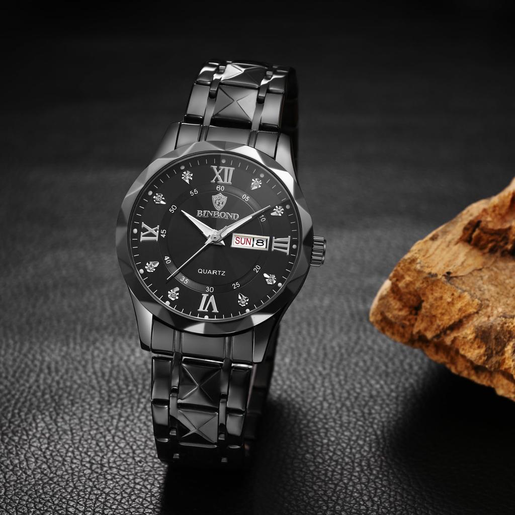waterproof and rainproof wristwatch with luminous round stainless steel calendar large black and rhinestone Perfect for business or formal this pair
