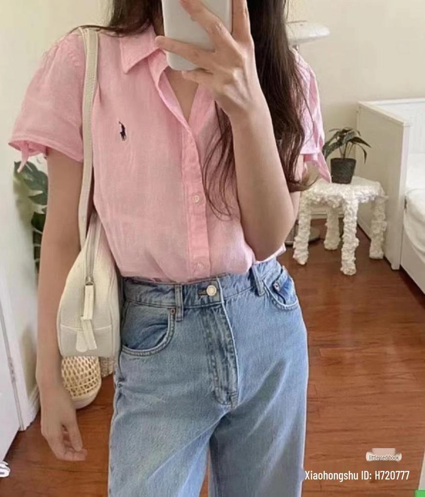 2025 Sommer Ralph RL Little Pony Besticktes Reines Leinen Göttinnen-Kurzarmhemd