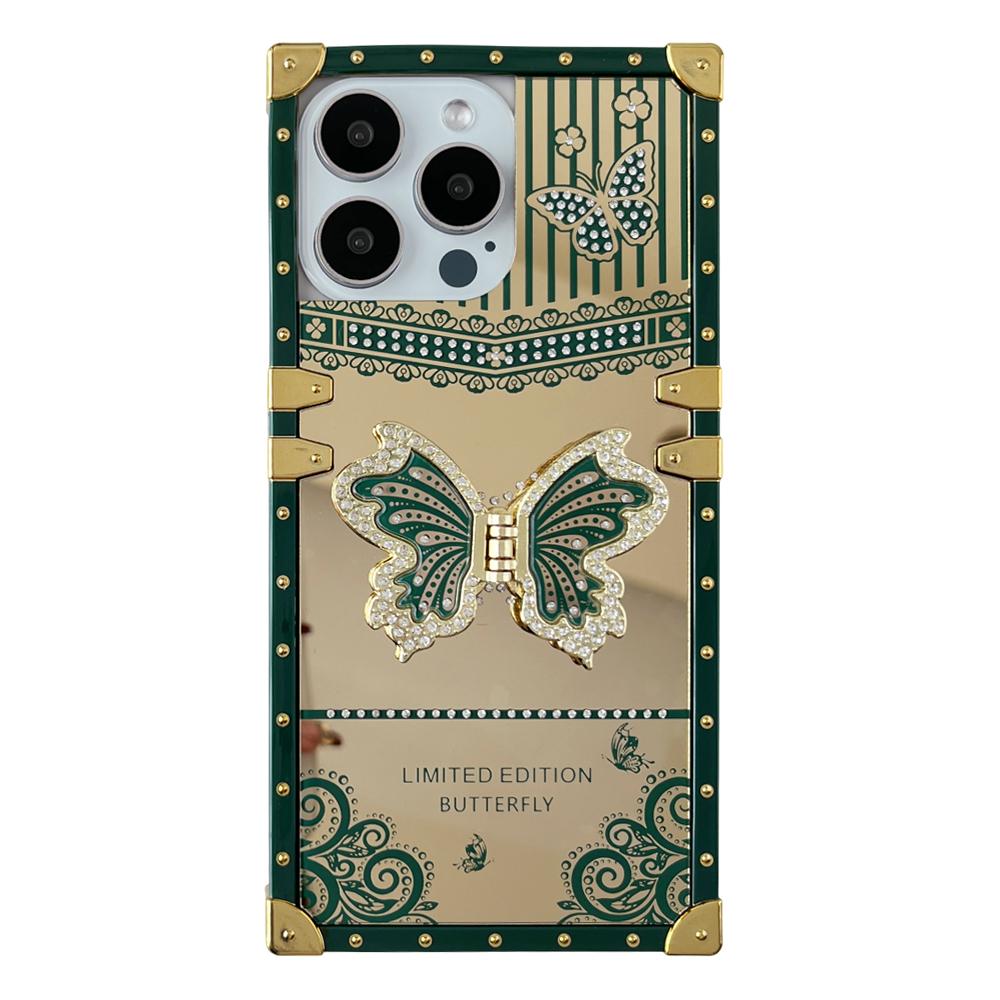 

For iPhone 16 Pro Max Case Electroplated TPU+PC Phone Cover with Butterfly Kickstand Blackish Green