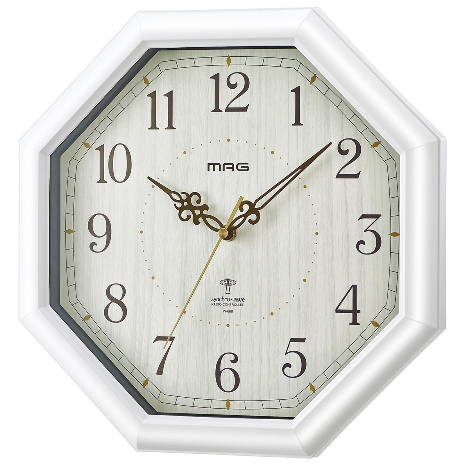 

Настенные часы MAG Radio Wave белого диаметра аналоговые багуа восьмиугольник секундная стрелка останавливается ночью 30.2 см W-668WH