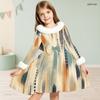 Girls Long Sleeve Faux Fur Collar Abstract Printed A Line Flared Dress With Waist Bow