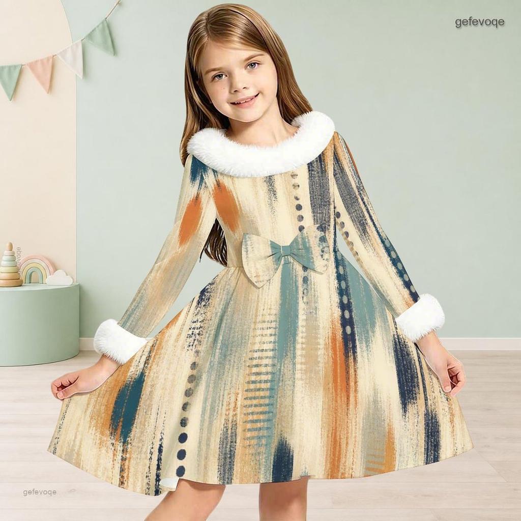 Girls Long Sleeve Faux Fur Collar Abstract Printed A Line Flared Dress With Waist Bow