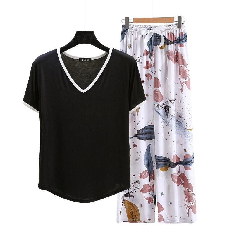 Modal Loungewear V-Neck color-block Tshirt and Floral Wide leg pants Summer Thin Pajamas sets Casual Plus size Homewear 2pcs suit Comfort clothing