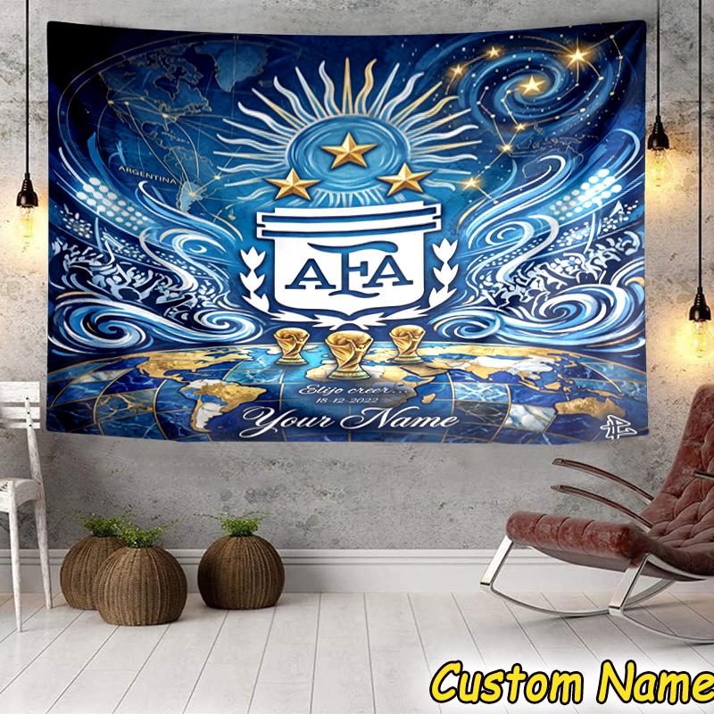 Custom Name Argentina Football Crest Tapestry Room Decoration Wall Hanging for Living Room Bedroom, Dormitory, Birthday and Christmas Gifts