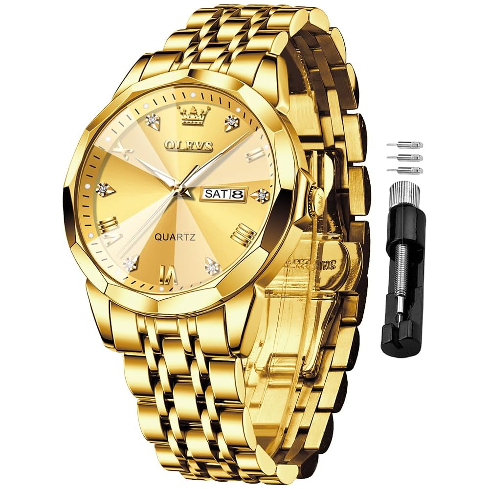 OLEVS Men s Quartz Watch Waterproof Simple Design with Diamond Dial Stainless Steel Band Gold