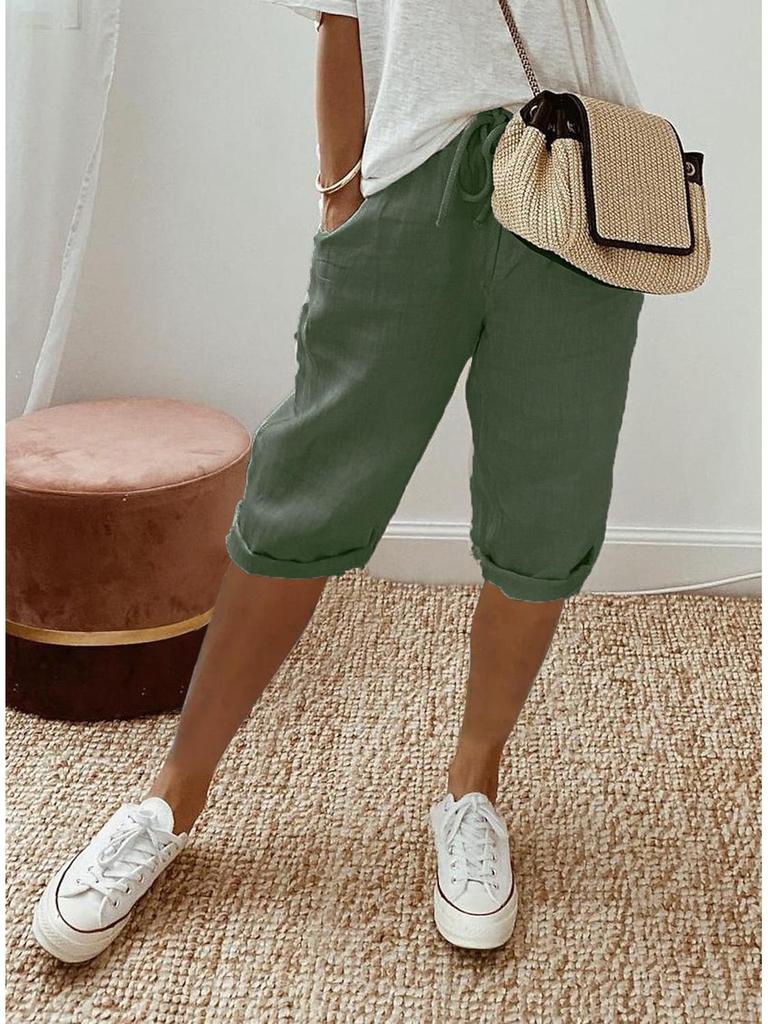 Pantaloni scurți casual din amestec de bumbac și in cu talie elastică și buzunare