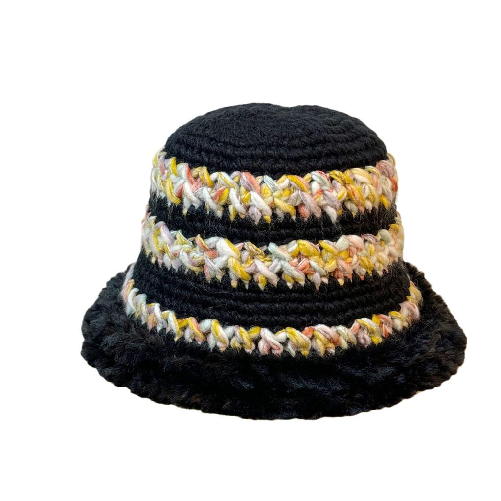 Colorful Knitted Woolen Hat for Women in Winter Large Head Circumference Thickened Warm Plush Hat Versatile Face Showing Small Basin Hat