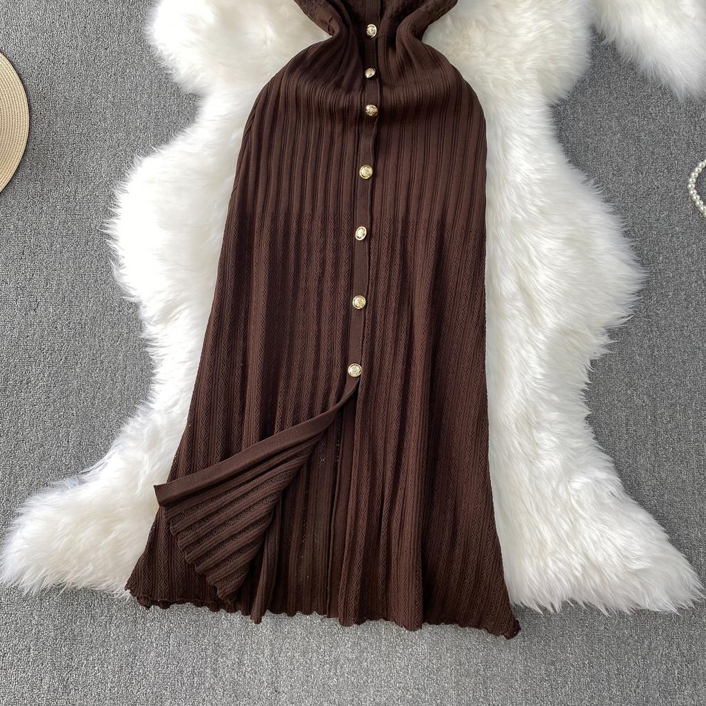 Summer Women O-neck Sleeveless Single Breasted Knitted Mid-calf Slim Tank Sweater Dresses