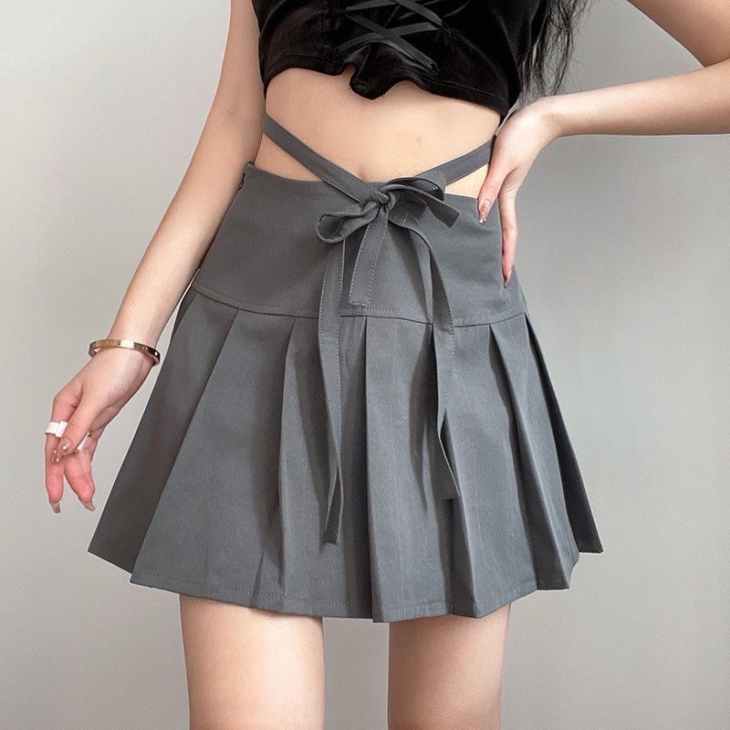 

Liangli Early Spring New Arrival Ins Sexy Shoelace Embroider Pleated Skirt Fashion Preppy Style High Waist Package Hip A- Line Short Skirt for Women Gray XL