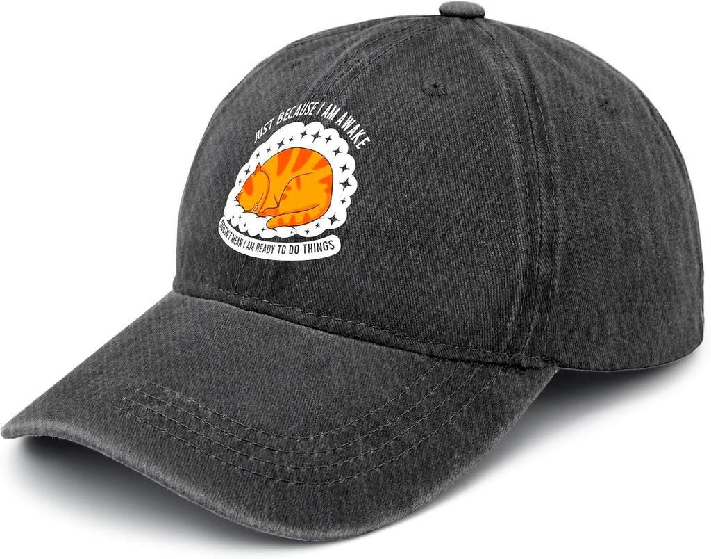 Sleeping Cat Just Because I Am Awake Baseball Cap Distressed Washed Casual Cotton Adjustable Hat