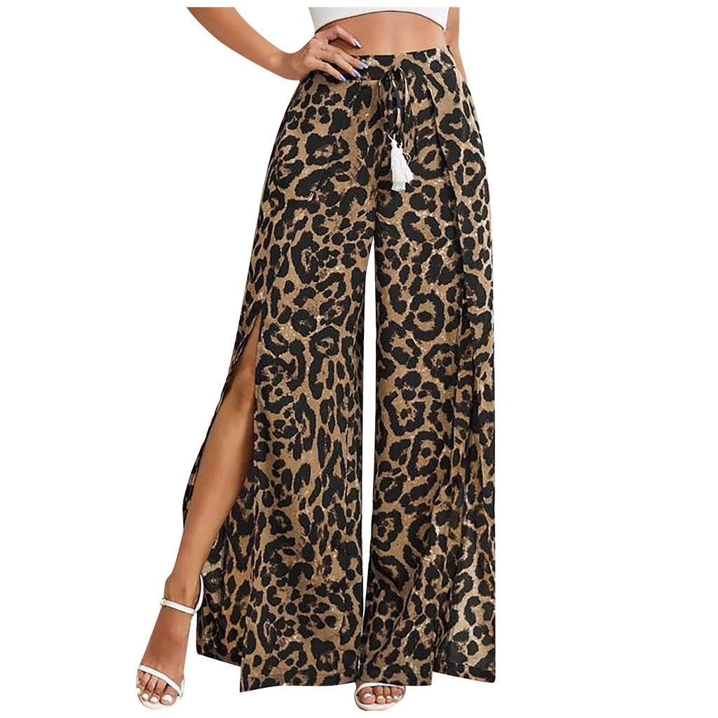 Fashion Women's Printed Casual  Wide Leg Pants Straight Leg Pants Slit Pants