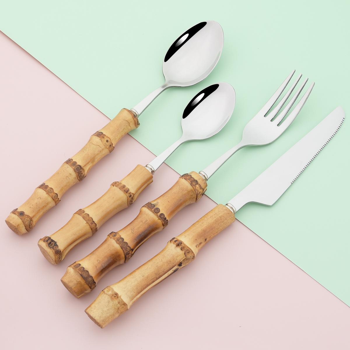 

Набор столовых приборов из искусственного бамбука, 24 шт., набор столовых приборов из нержавеющей стали, ножи, вилки, кофейные ложки, столовые приборы, кухонное столовое серебро серебряный