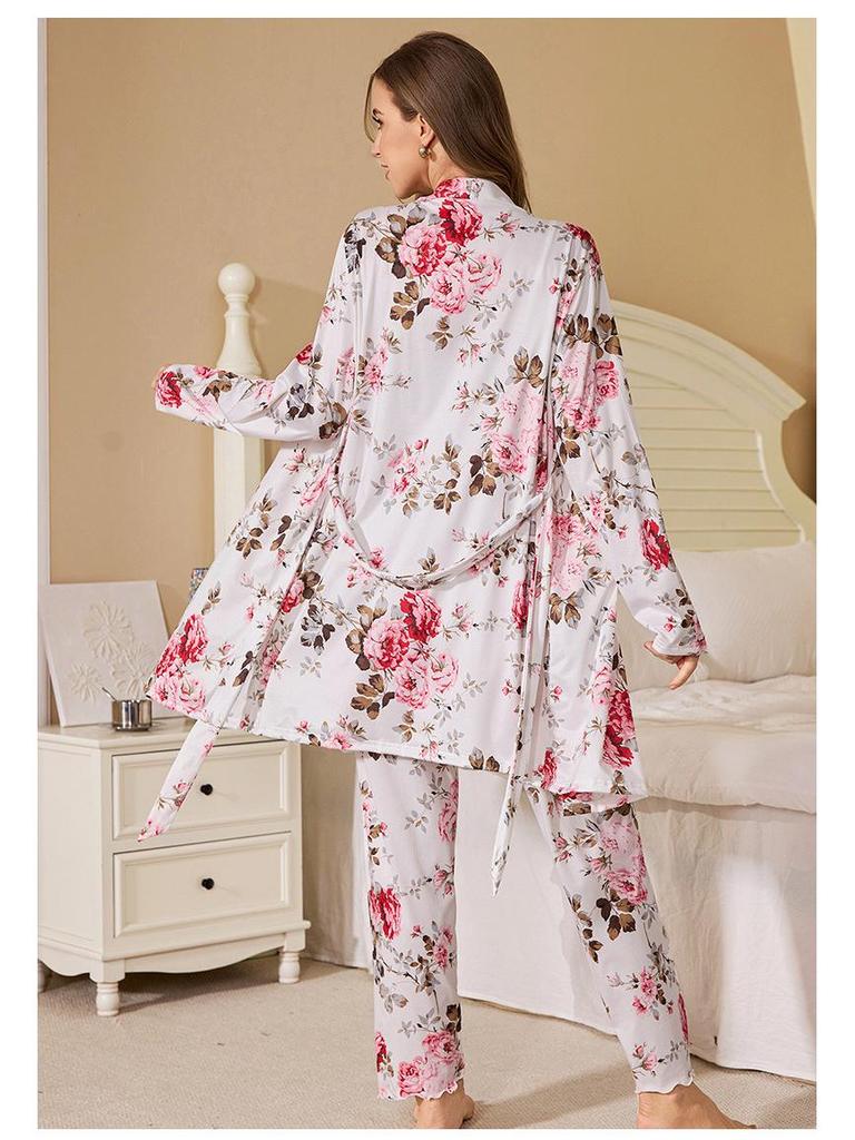 Three-Piece Pajama Set: Robe, Long Pants & Camisole In European & American Sizes