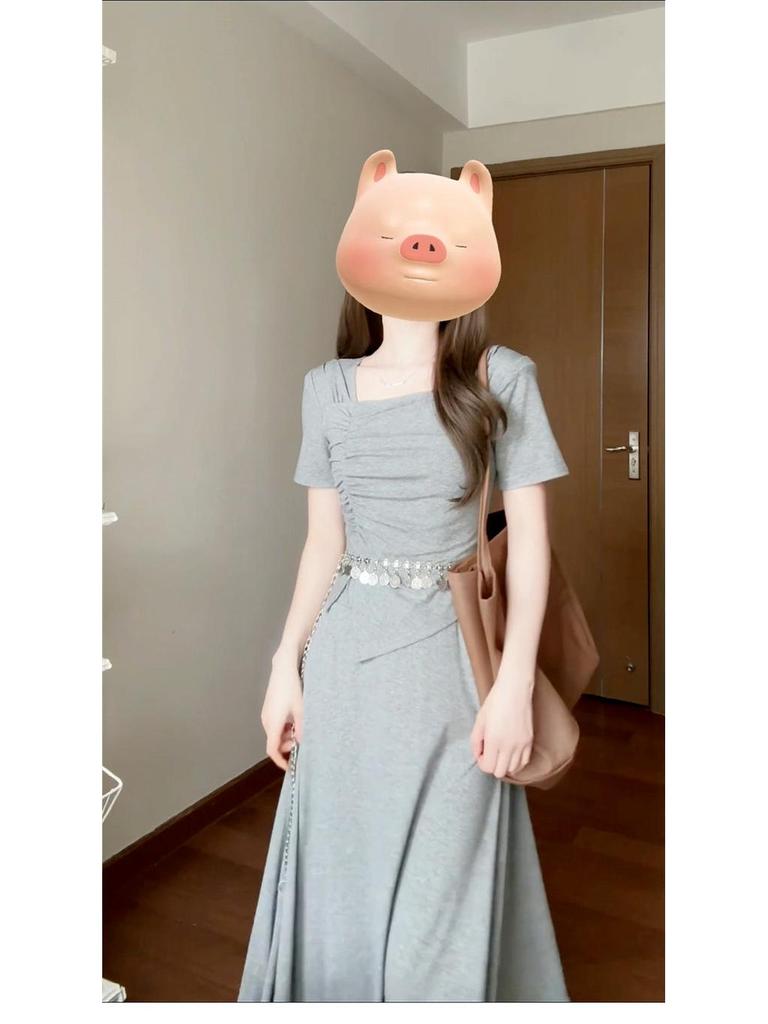 2026 Graues Petite Französisches High-End Langes Sommerkleid für Damen