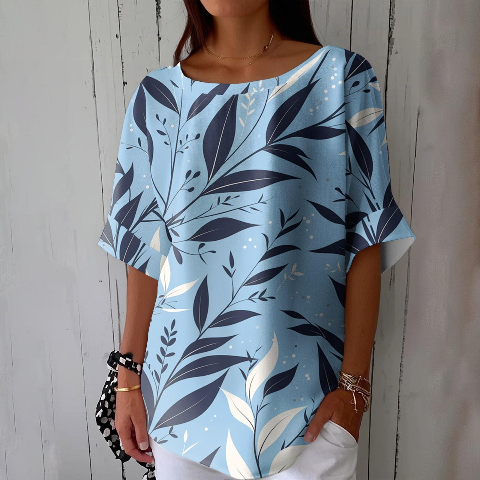 Women s Fashionable Casual Round Neck Printed Top Loose Top Printed Top Loose Top XXL синий